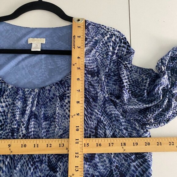 Chicos Shirred Mesh Snakeskin Blouse Size 3 US XL Blue 3/4 Sleeves - Picture 7 of 9